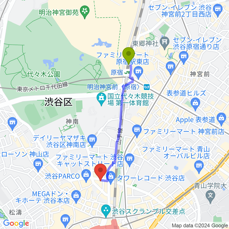 原宿駅からESP渋谷クラフトハウスへのルートマップ地図