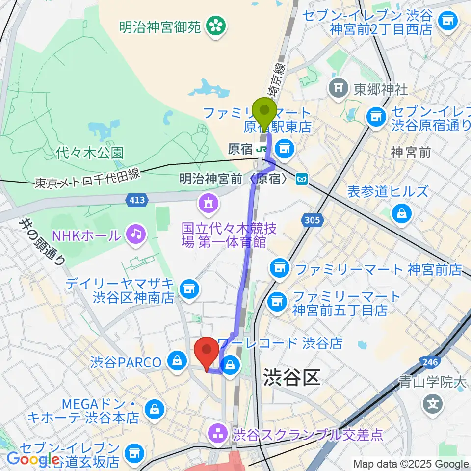 原宿駅からESP渋谷クラフトハウスへのルートマップ地図