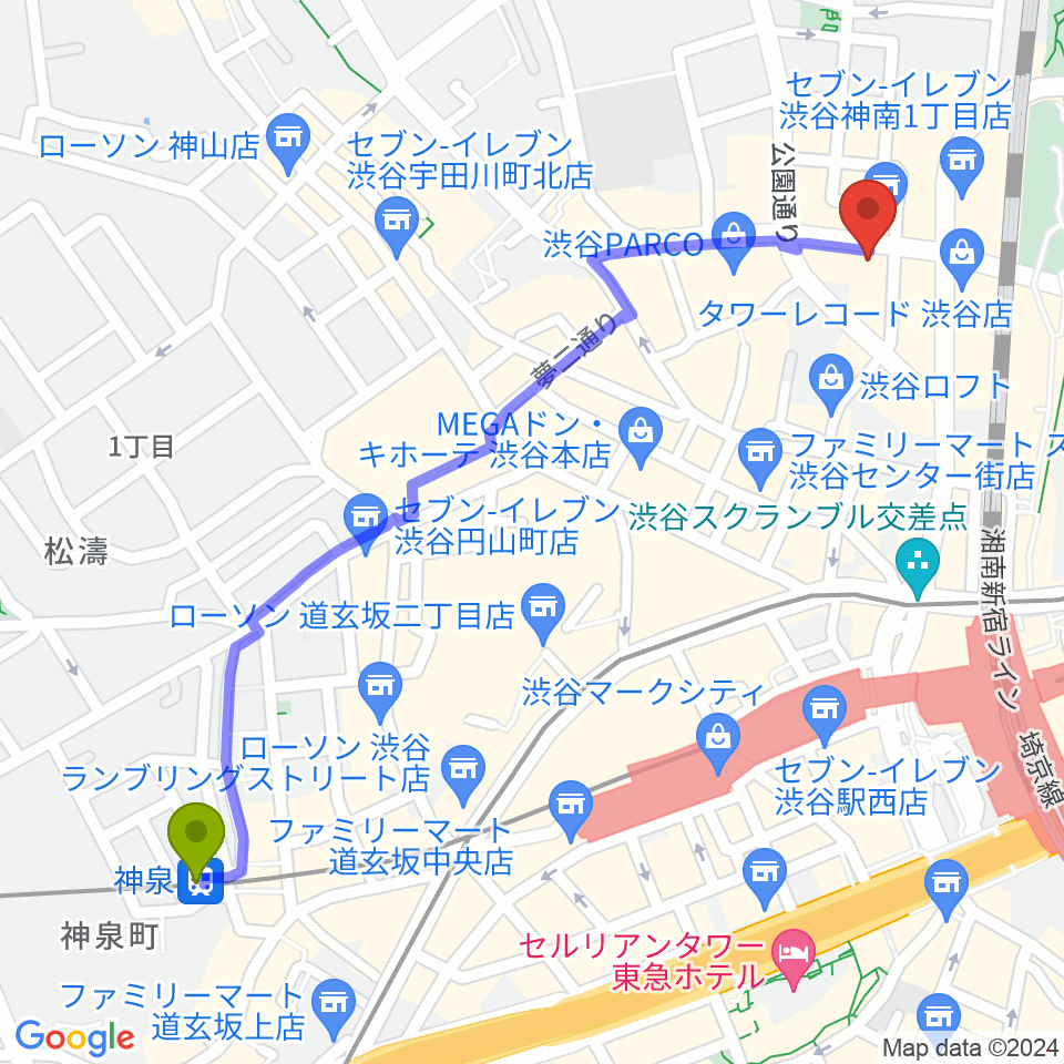神泉駅からESP渋谷クラフトハウスへのルートマップ地図