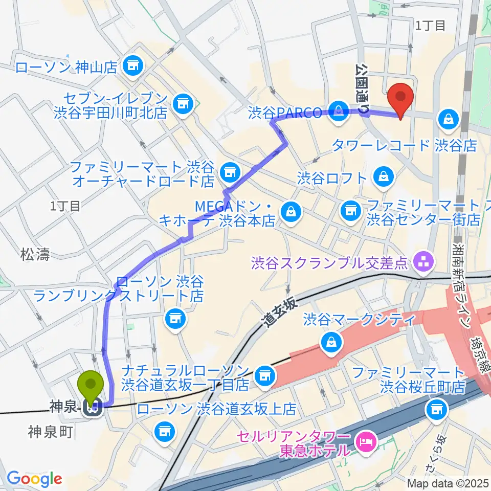 神泉駅からESP渋谷クラフトハウスへのルートマップ地図