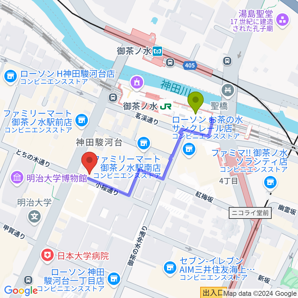 ESPギターワークショップの最寄駅御茶ノ水駅からの徒歩ルート（約3分）地図