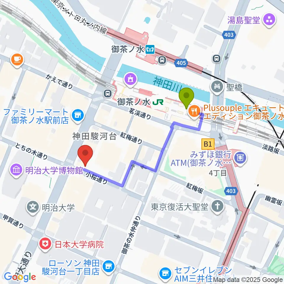 ESPギターワークショップの最寄駅御茶ノ水駅からの徒歩ルート（約3分）地図