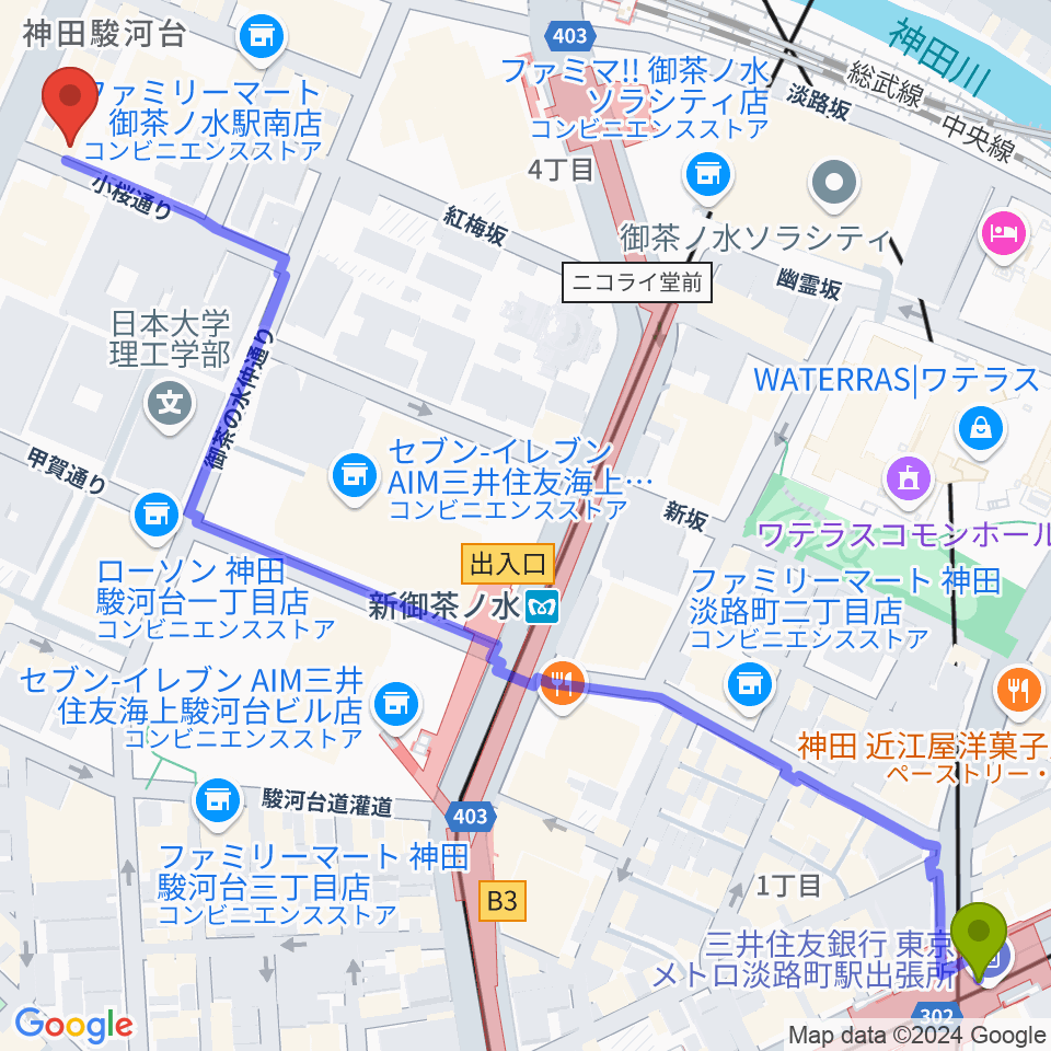 淡路町駅からESPギターワークショップへのルートマップ地図