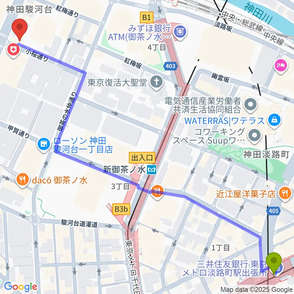 淡路町駅からESPギターワークショップへのルートマップ地図