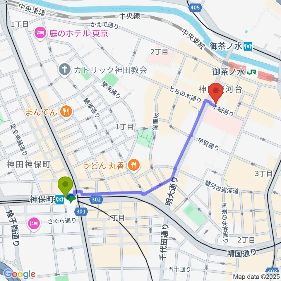 神保町駅からESPギターワークショップへのルートマップ地図