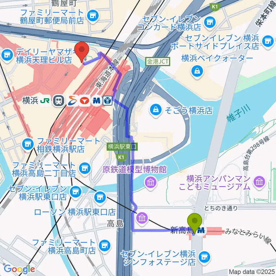 新高島駅からクロサワ楽器横浜店へのルートマップ地図