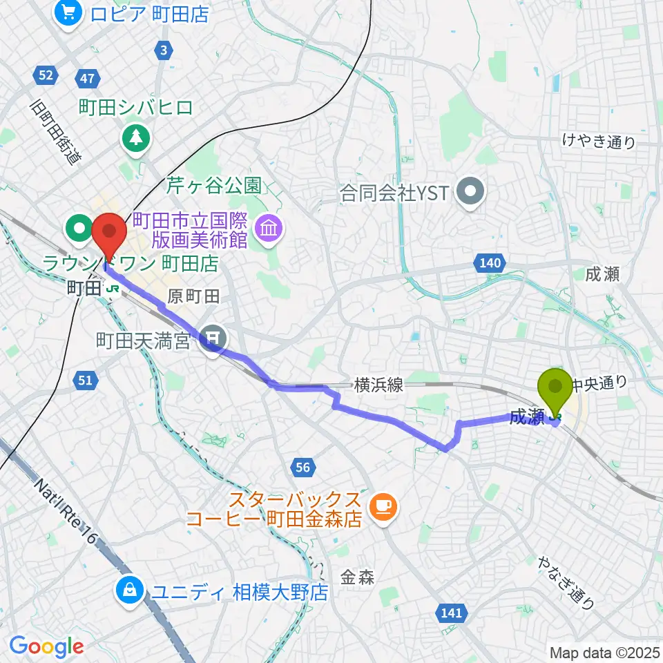 成瀬駅からクロサワ楽器町田店へのルートマップ地図