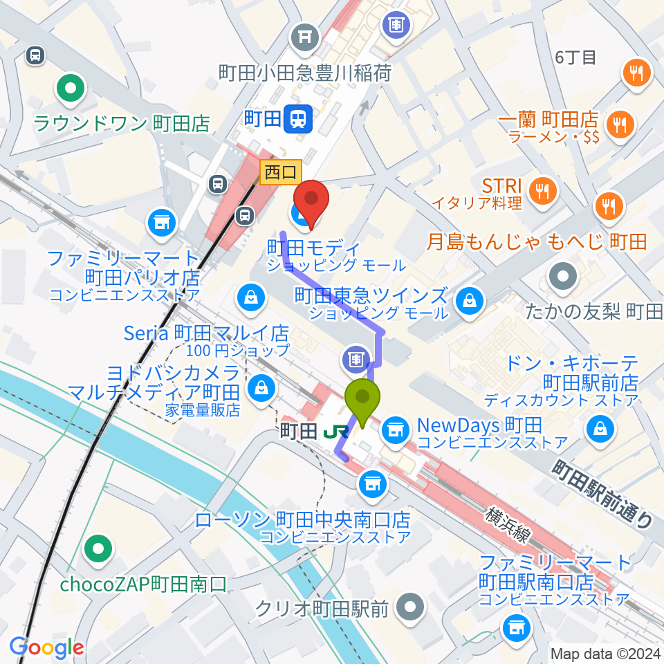 クロサワ楽器町田店の最寄駅町田駅からの徒歩ルート（約2分）地図