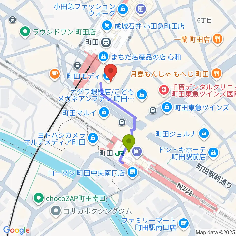 クロサワ楽器町田店の最寄駅町田駅からの徒歩ルート（約2分）地図