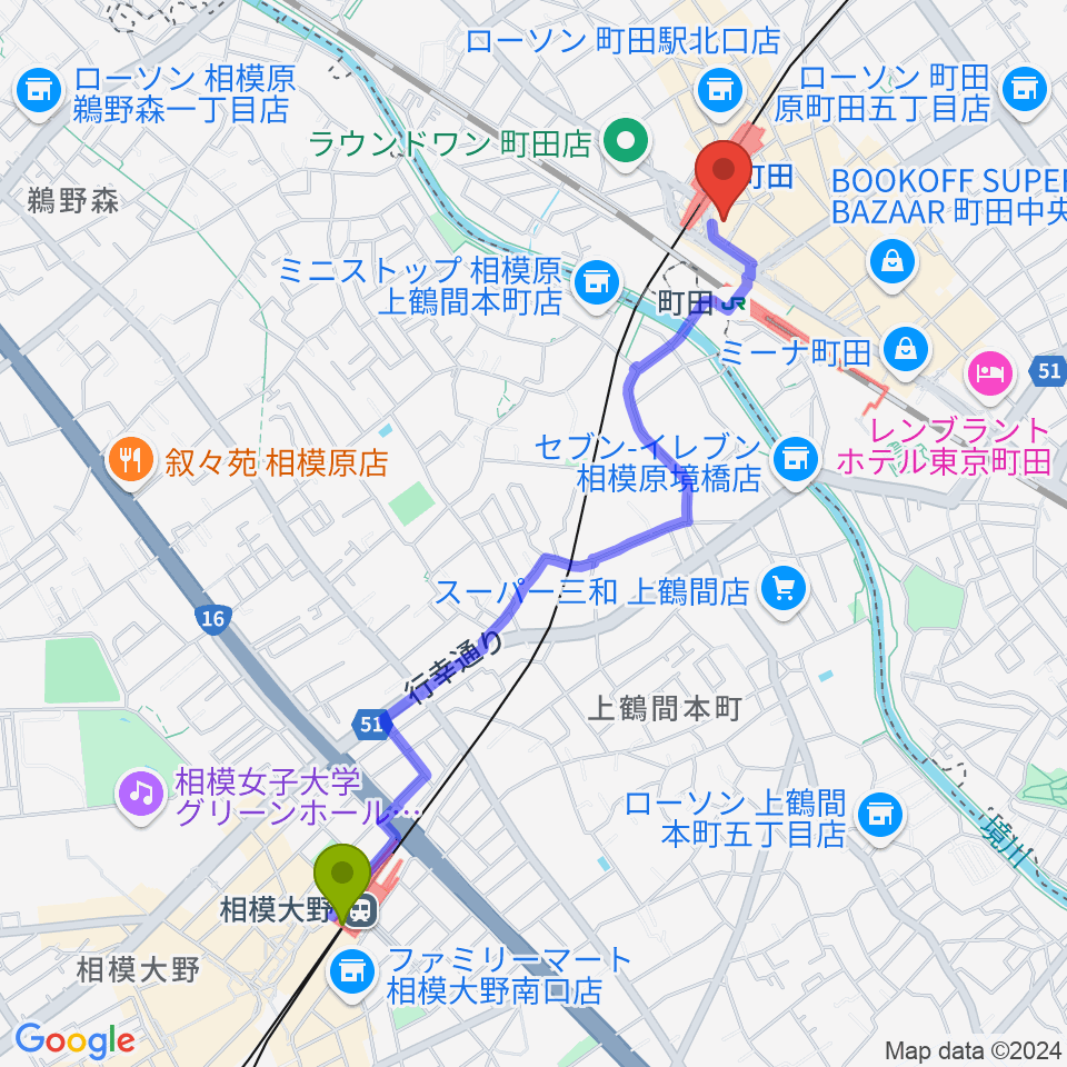 相模大野駅からクロサワ楽器町田店へのルートマップ地図