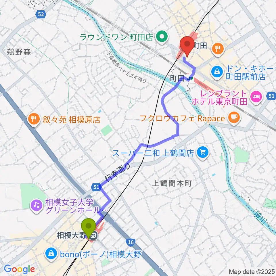 相模大野駅からクロサワ楽器町田店へのルートマップ地図