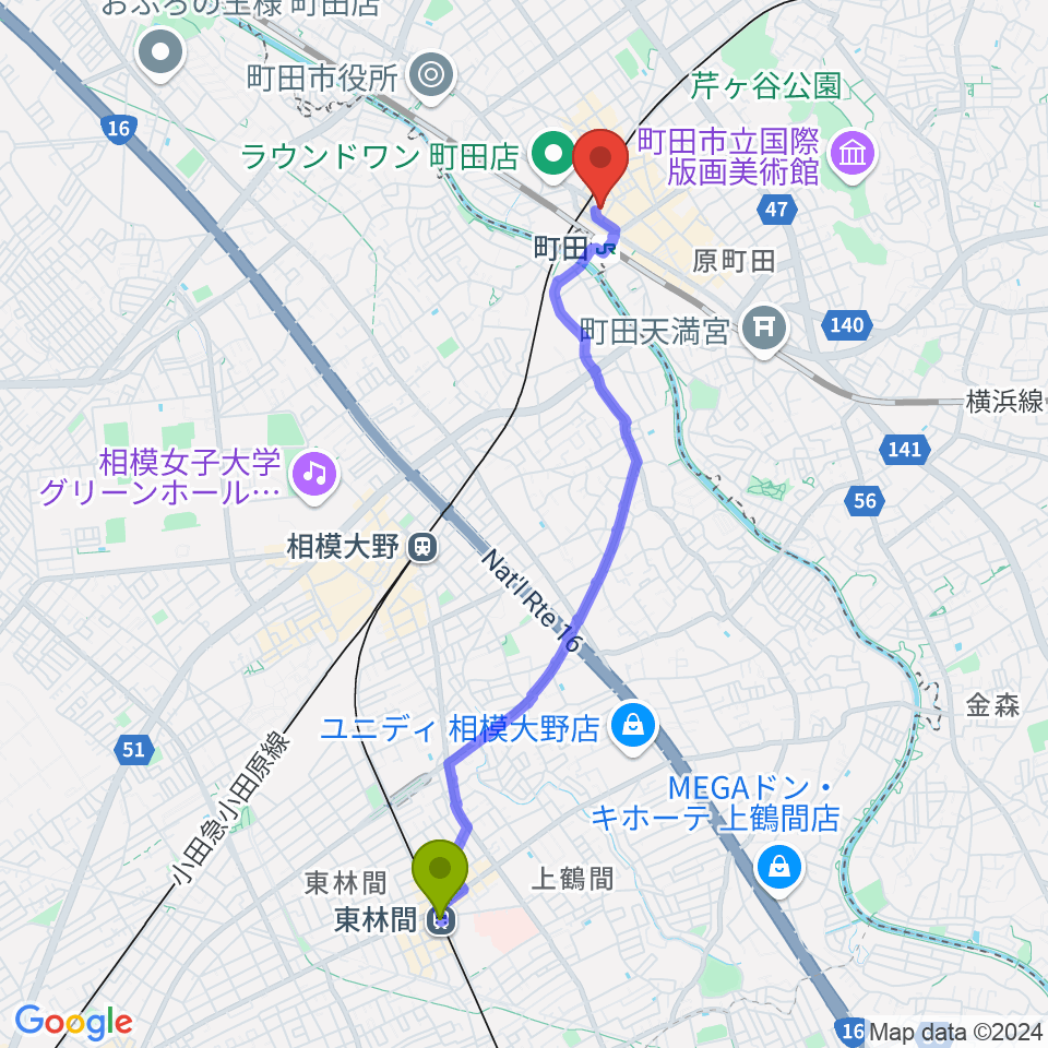 東林間駅からクロサワ楽器町田店へのルートマップ地図