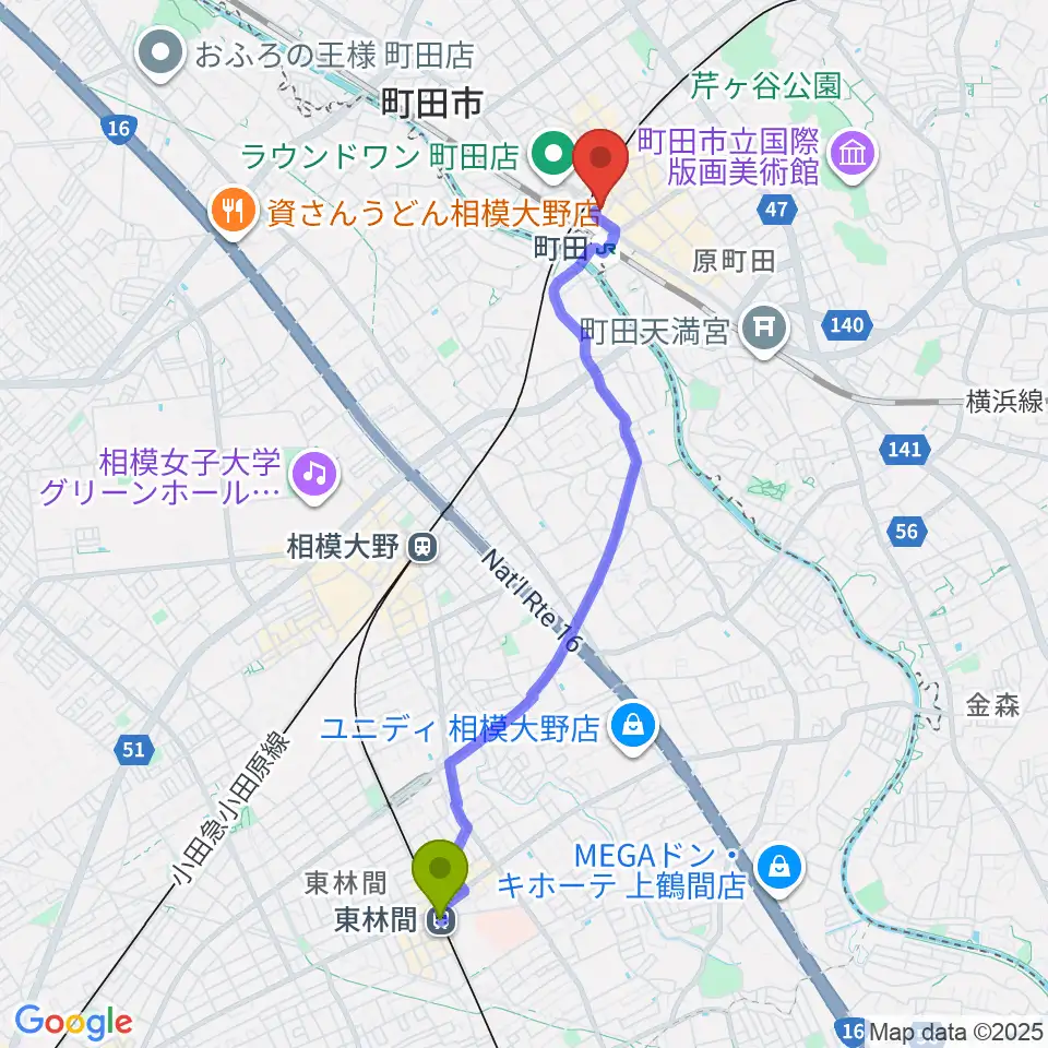 東林間駅からクロサワ楽器町田店へのルートマップ地図