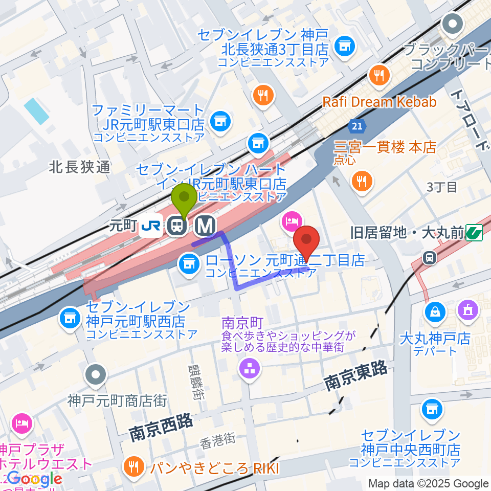 元町駅からTONE BLUEへのルートマップ地図