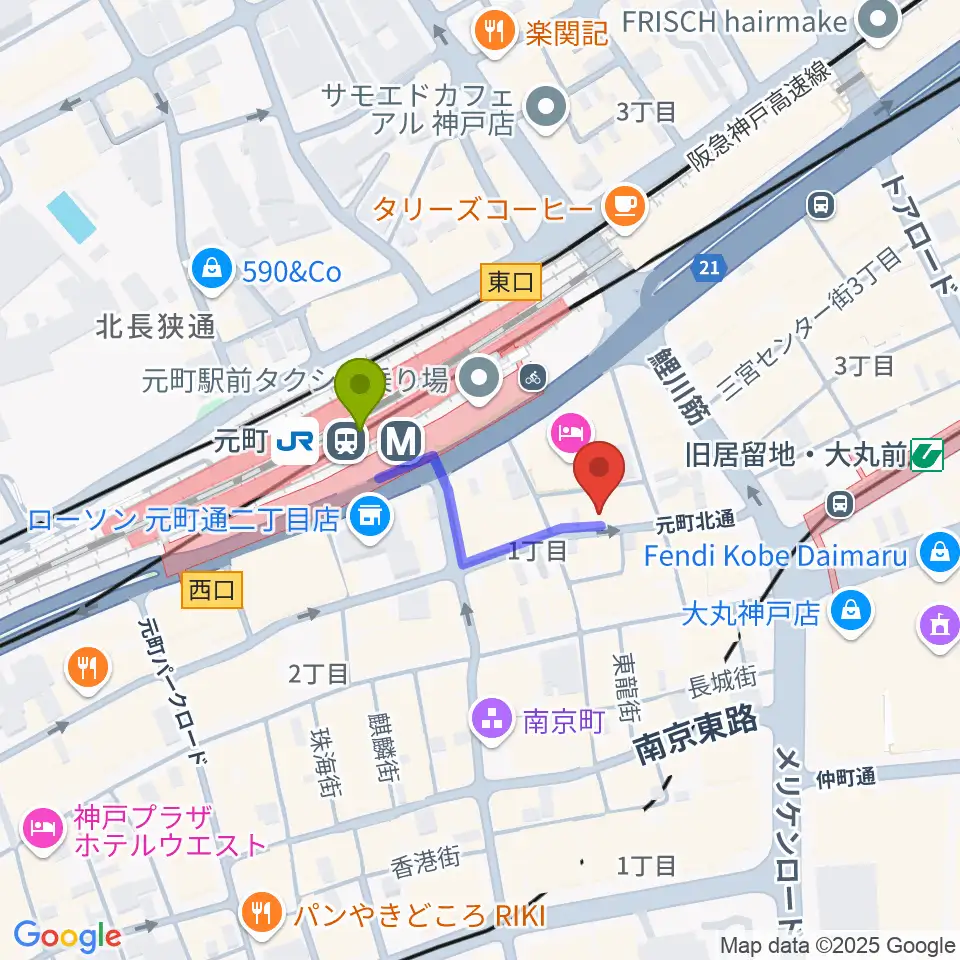 元町駅からTONE BLUEへのルートマップ地図