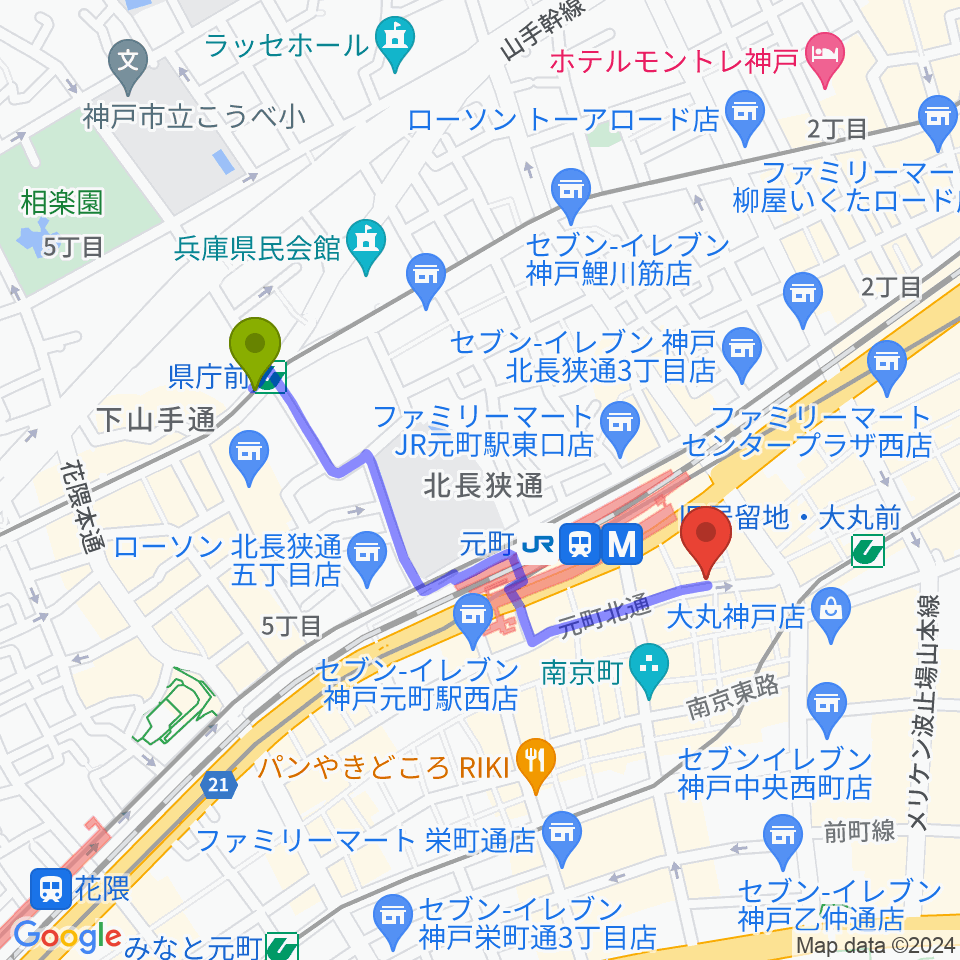 県庁前駅からギターショップTONE BLUEへのルートマップ地図