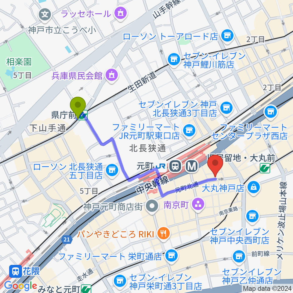 県庁前駅からTONE BLUEへのルートマップ地図