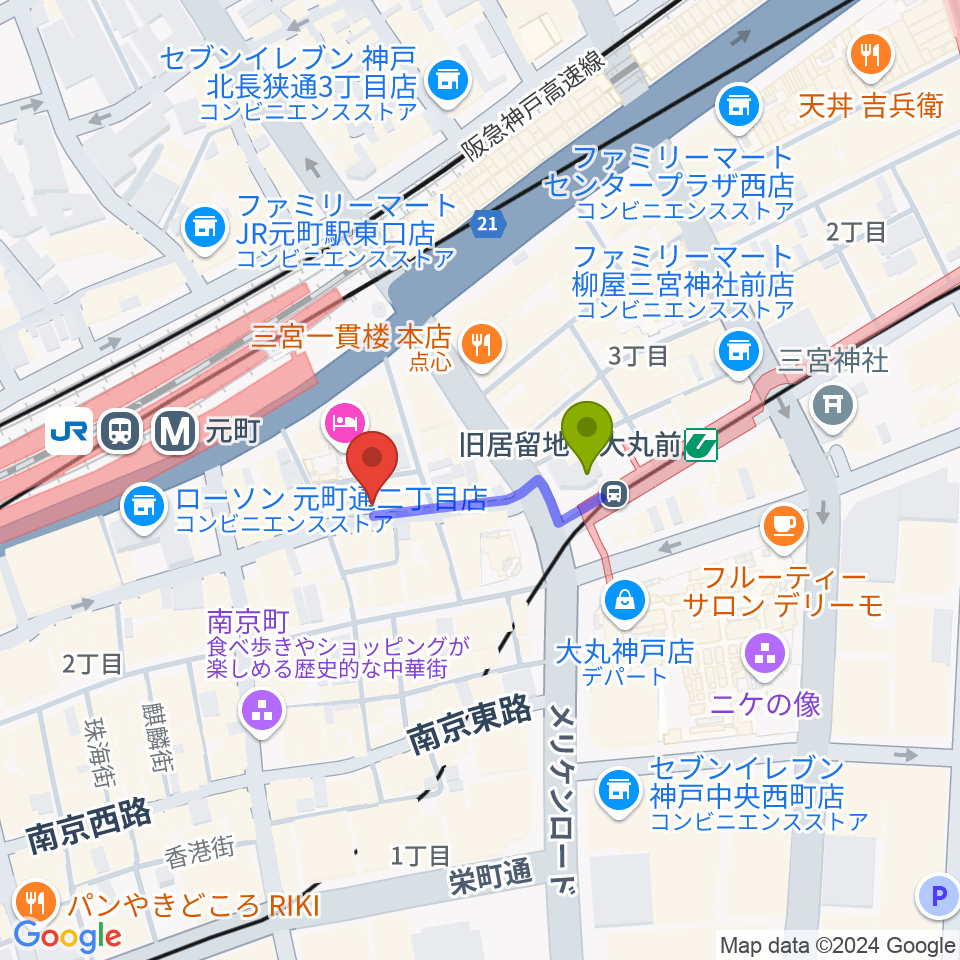 TONE BLUEの最寄駅旧居留地・大丸前駅からの徒歩ルート（約2分）地図