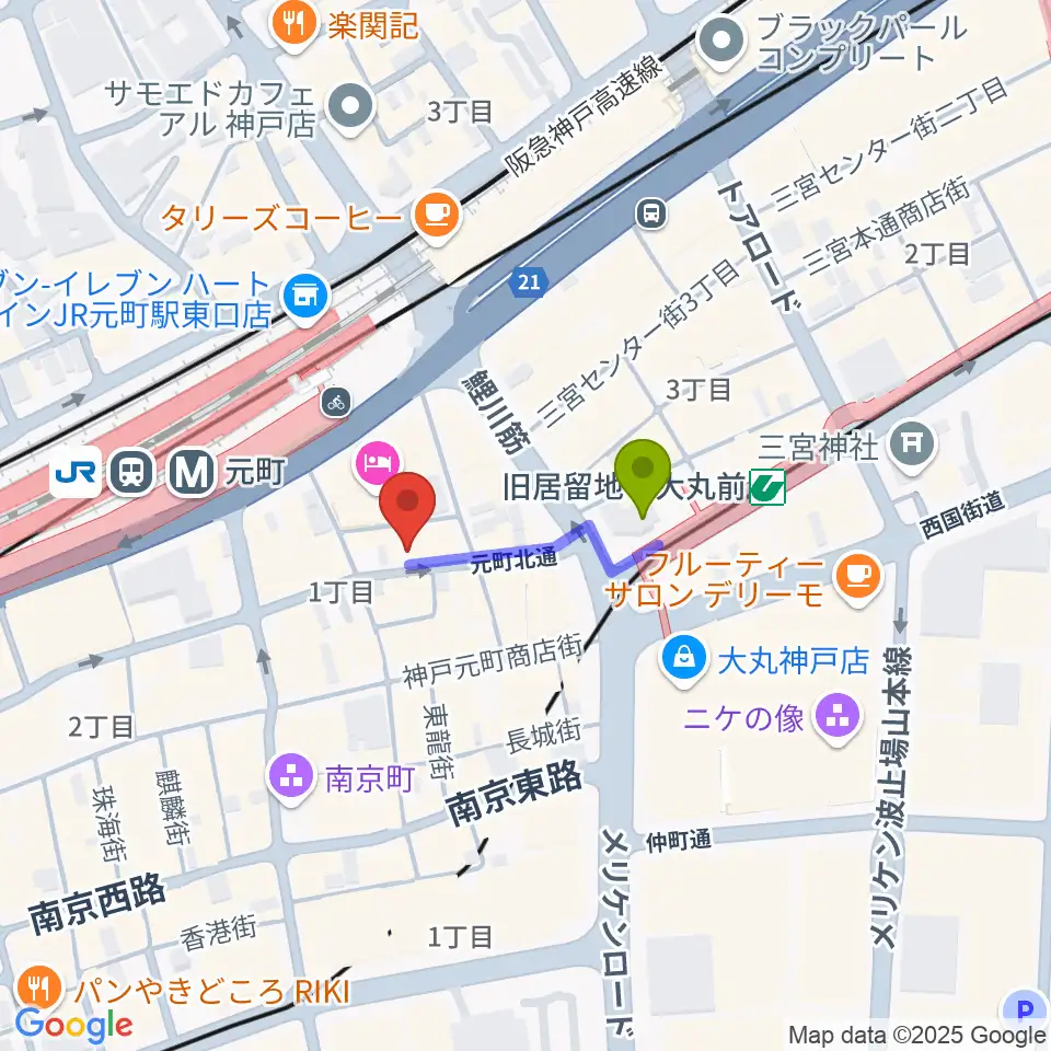 TONE BLUEの最寄駅旧居留地・大丸前駅からの徒歩ルート（約2分）地図