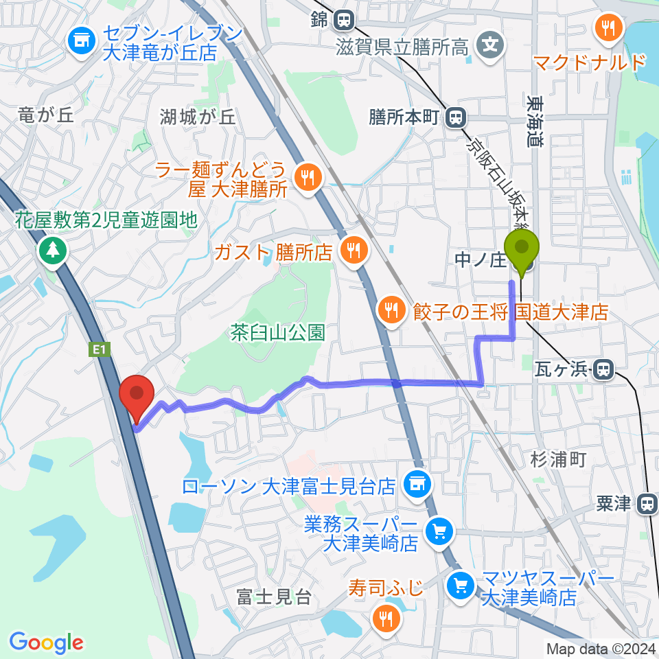 アリヨシミュージックハウスの最寄駅中ノ庄駅からの徒歩ルート（約20分）地図