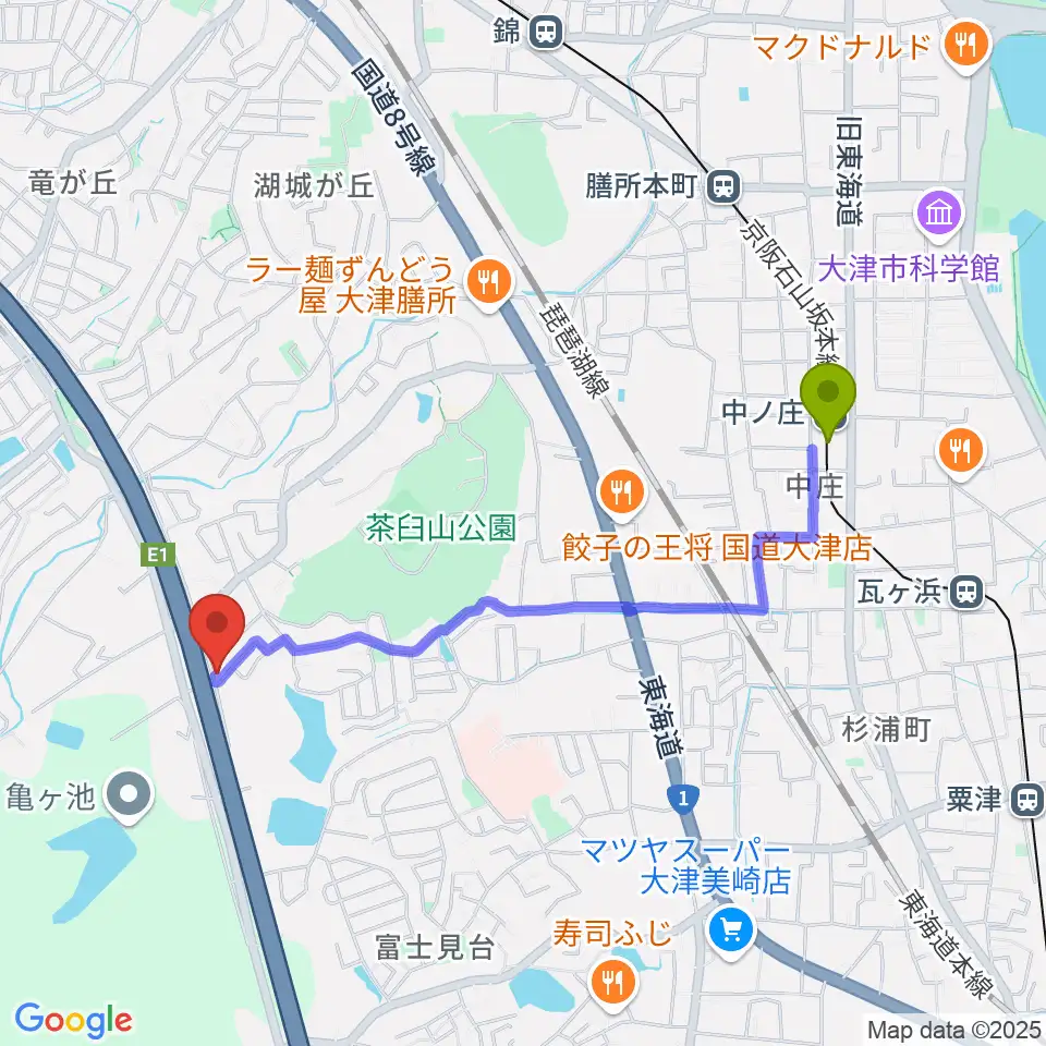 アリヨシミュージックハウスの最寄駅中ノ庄駅からの徒歩ルート（約20分）地図