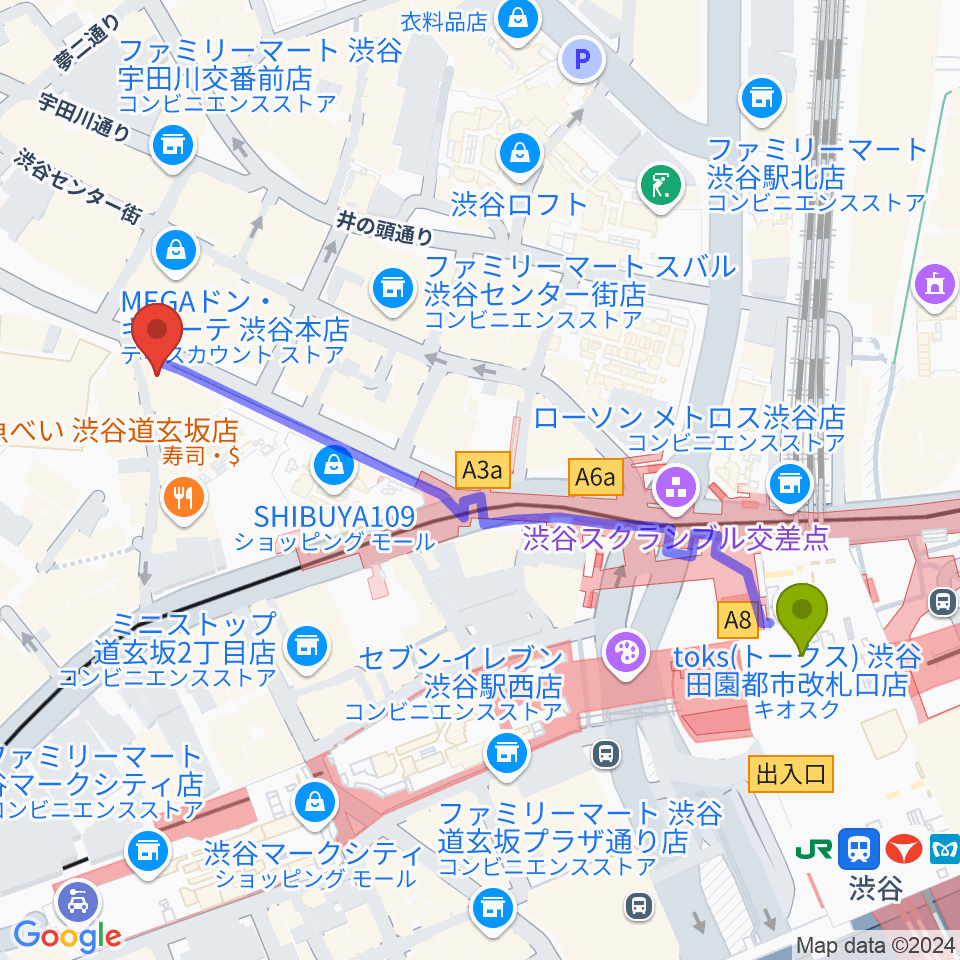 クロサワ楽器 G-CLUB SHIBUYAの最寄駅渋谷駅からの徒歩ルート（約6分）地図