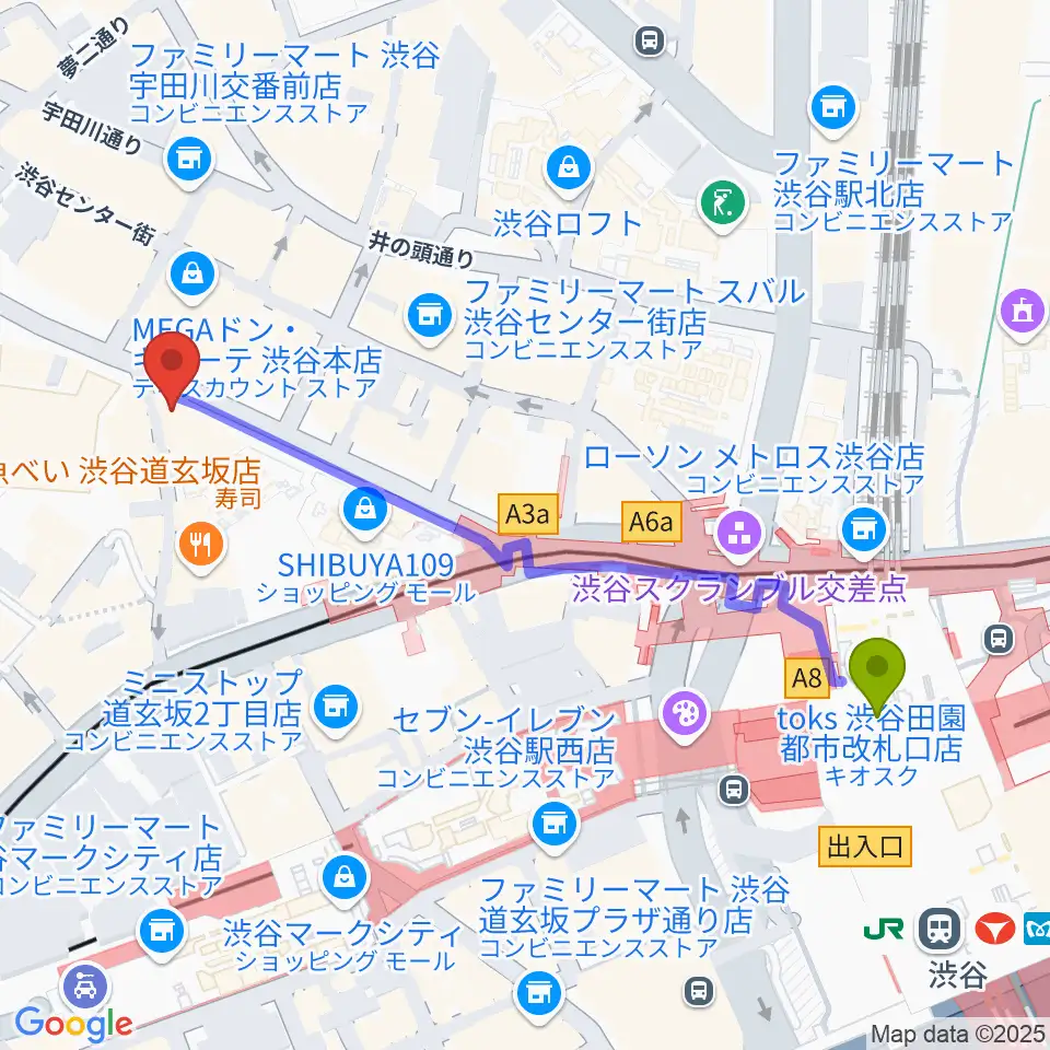 クロサワ楽器 G-CLUB SHIBUYAの最寄駅渋谷駅からの徒歩ルート（約6分）地図