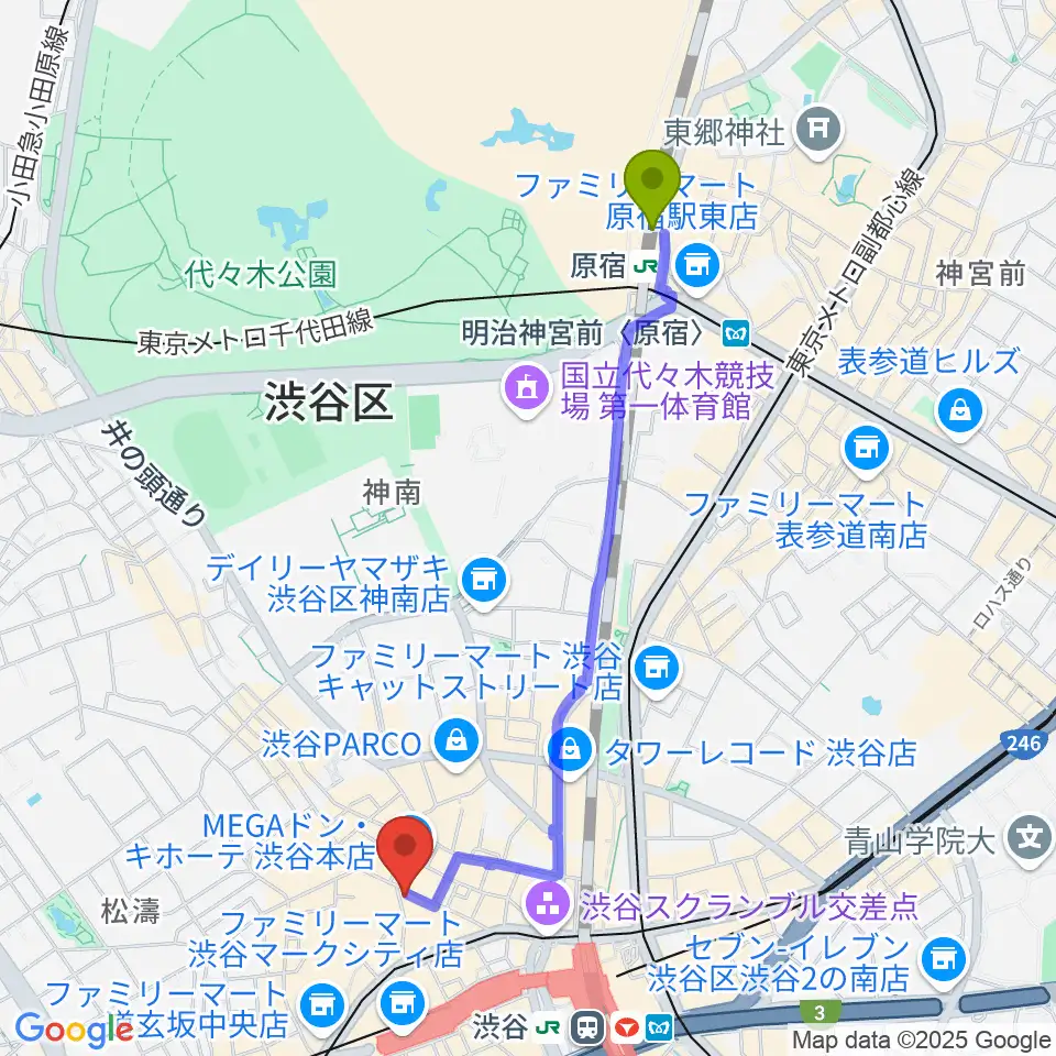 原宿駅からクロサワ楽器 G-CLUB SHIBUYAへのルートマップ地図