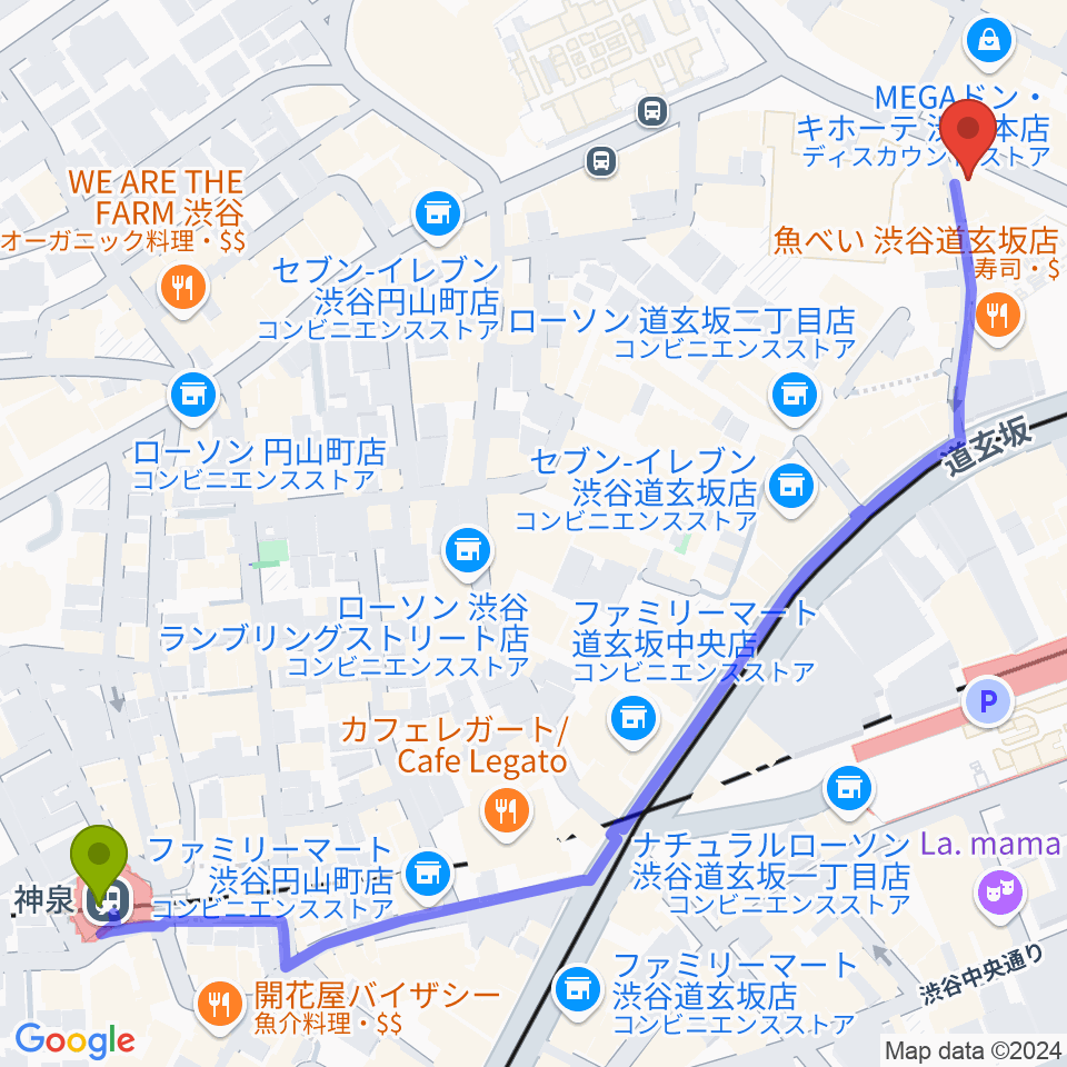 神泉駅からクロサワ楽器 G-CLUB SHIBUYAへのルートマップ地図