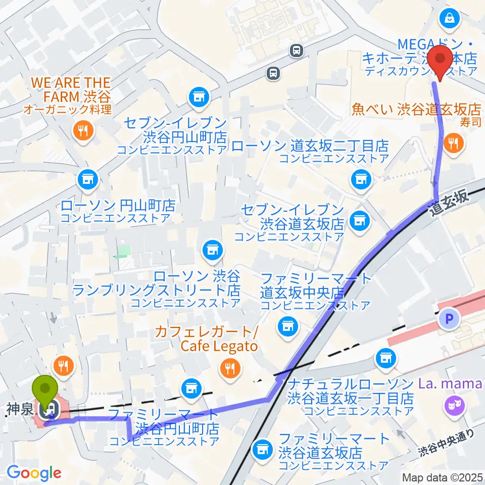 神泉駅からクロサワ楽器 G-CLUB SHIBUYAへのルートマップ地図