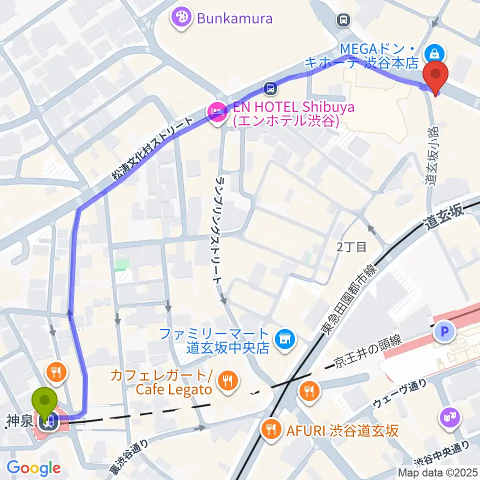 神泉駅からクロサワ楽器 G-CLUB SHIBUYAへのルートマップ地図