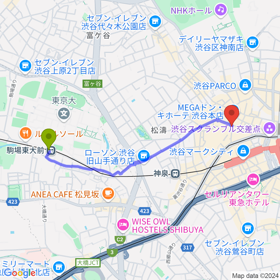 駒場東大前駅からクロサワ楽器 G-CLUB SHIBUYAへのルートマップ地図