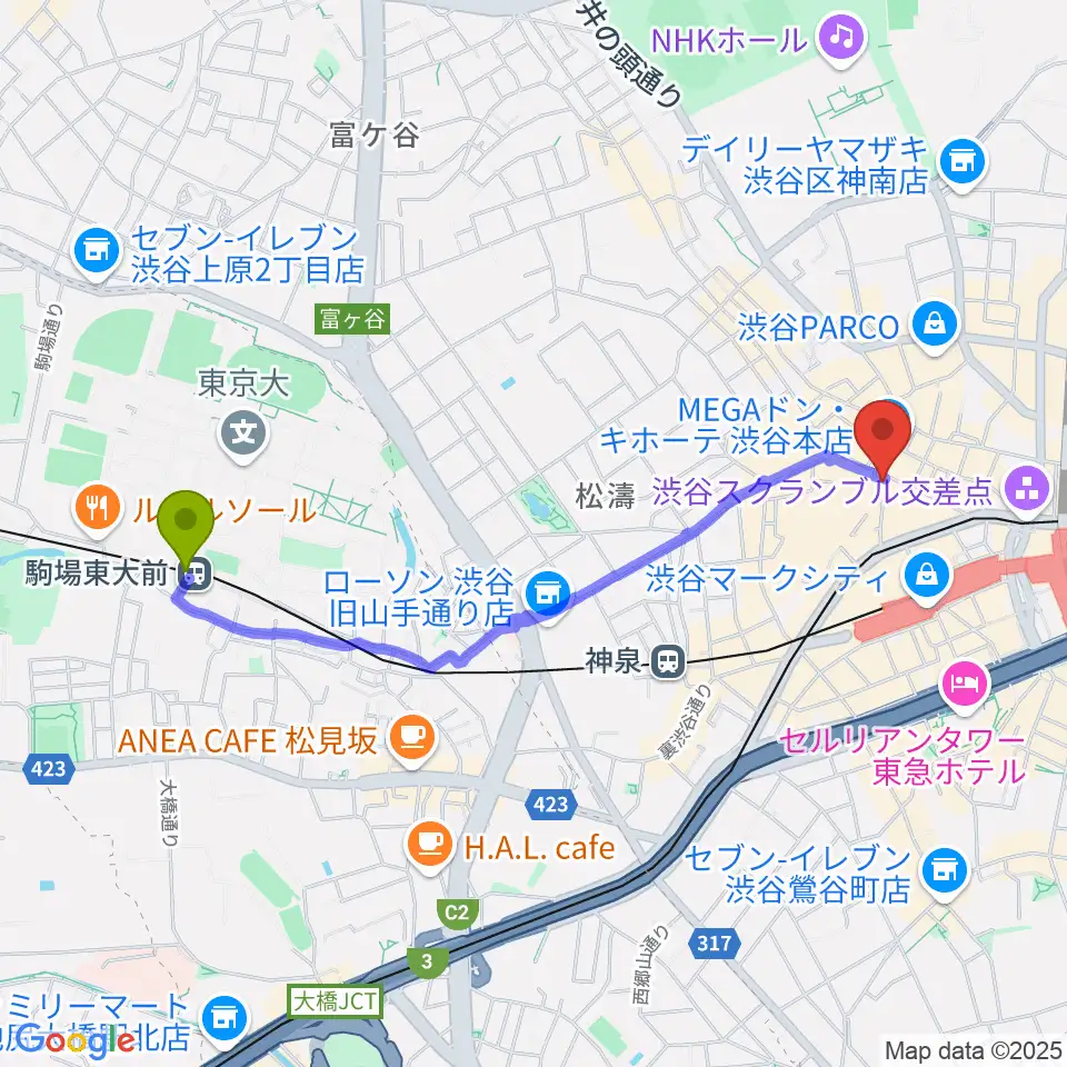 駒場東大前駅からクロサワ楽器 G-CLUB SHIBUYAへのルートマップ地図