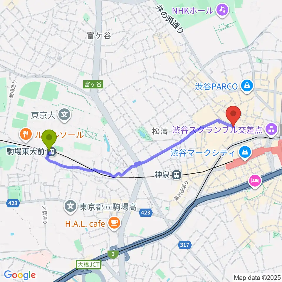 駒場東大前駅からクロサワ楽器 G-CLUB SHIBUYAへのルートマップ地図