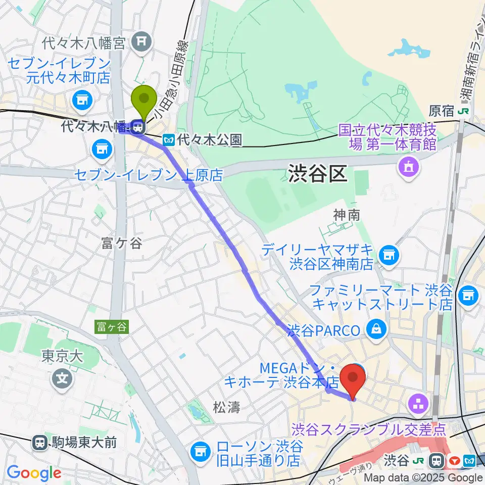代々木八幡駅からクロサワ楽器 G-CLUB SHIBUYAへのルートマップ地図