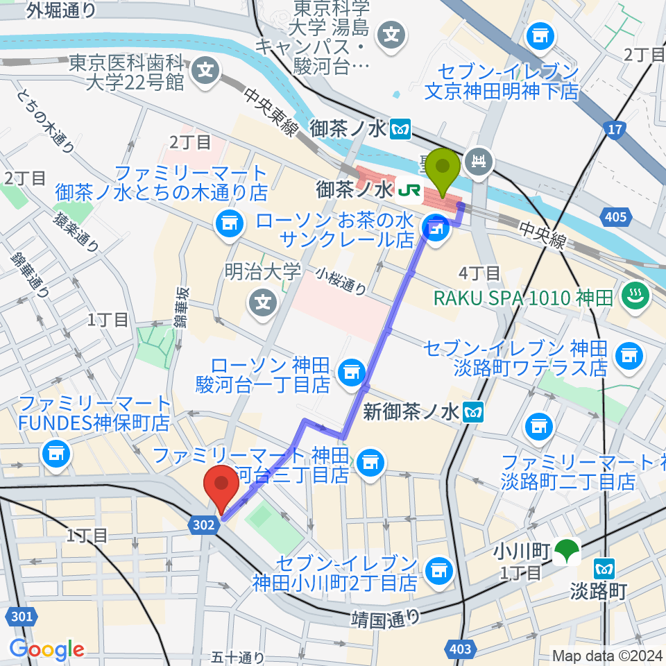 御茶ノ水駅からクロサワ楽器 G-CLUB TOKYOへのルートマップ地図