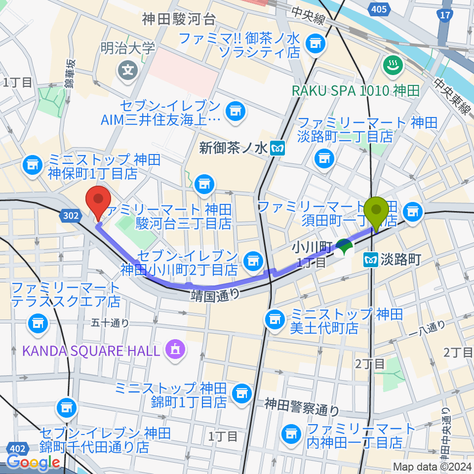 淡路町駅からクロサワ楽器 G-CLUB TOKYOへのルートマップ地図