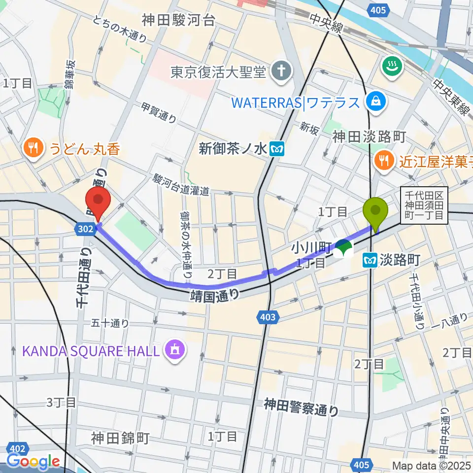 淡路町駅からクロサワ楽器 G-CLUB TOKYOへのルートマップ地図