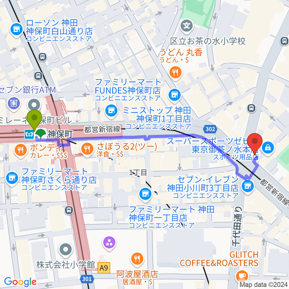 クロサワ楽器 G-CLUB TOKYOの最寄駅神保町駅からの徒歩ルート（約6分）地図