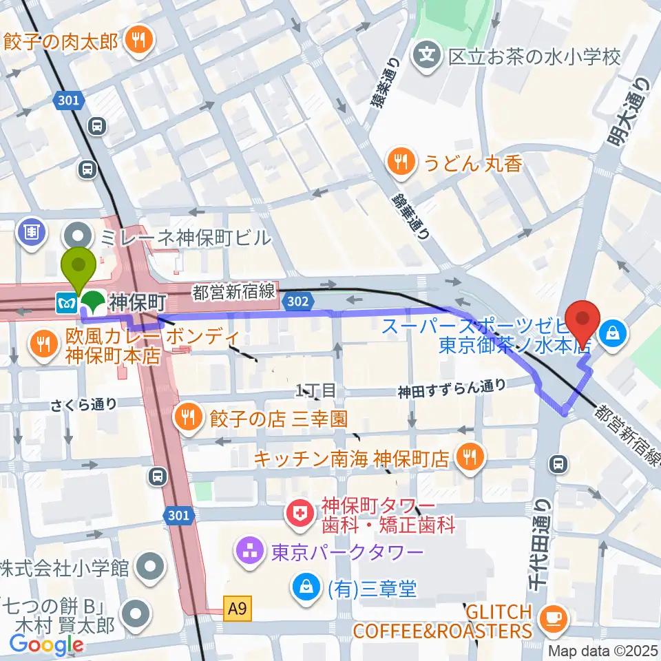 クロサワ楽器 G-CLUB TOKYOの最寄駅神保町駅からの徒歩ルート（約6分）地図