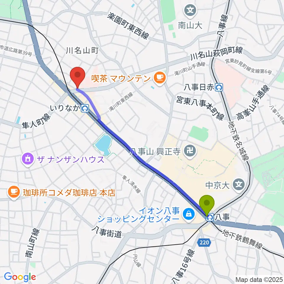 八事駅からみどり楽器・名古屋へのルートマップ地図