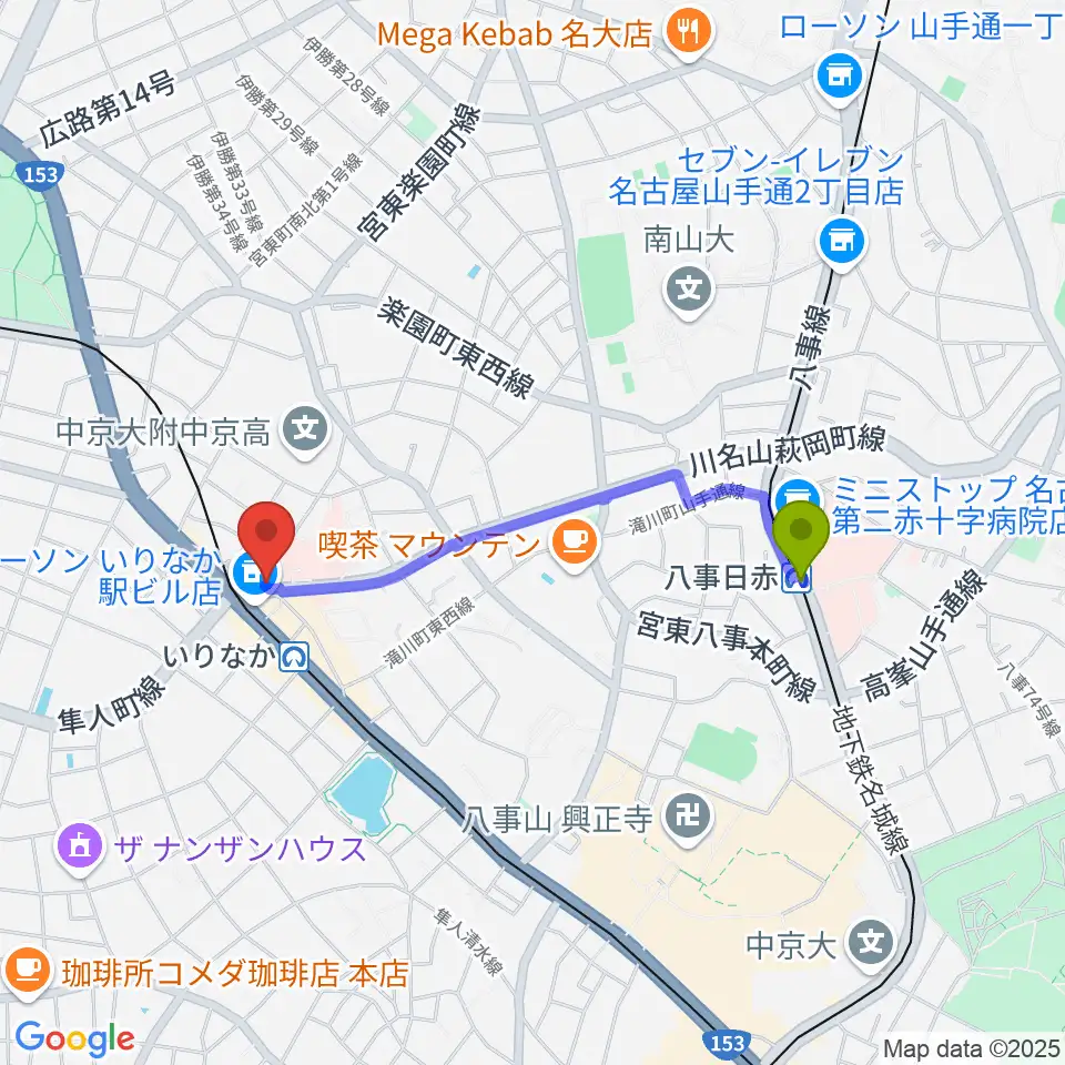 八事日赤駅からみどり楽器・名古屋へのルートマップ地図