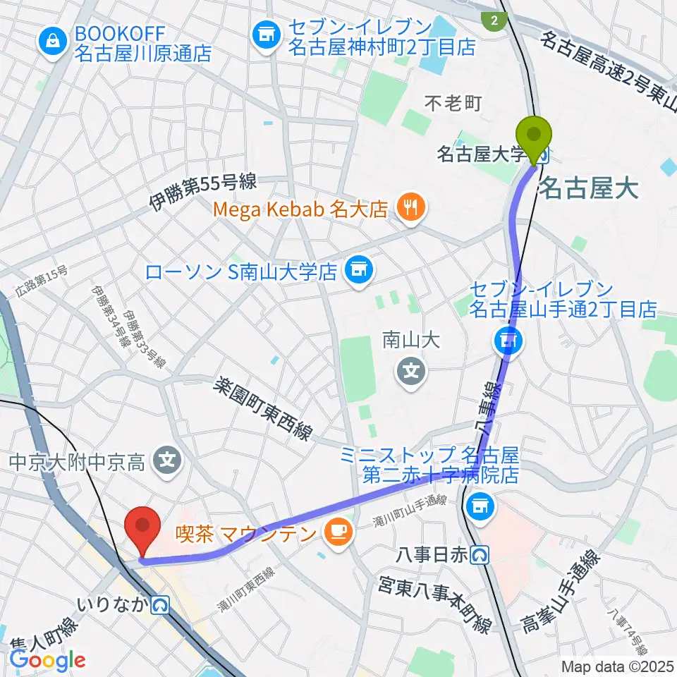 名古屋大学駅からみどり楽器・名古屋へのルートマップ地図