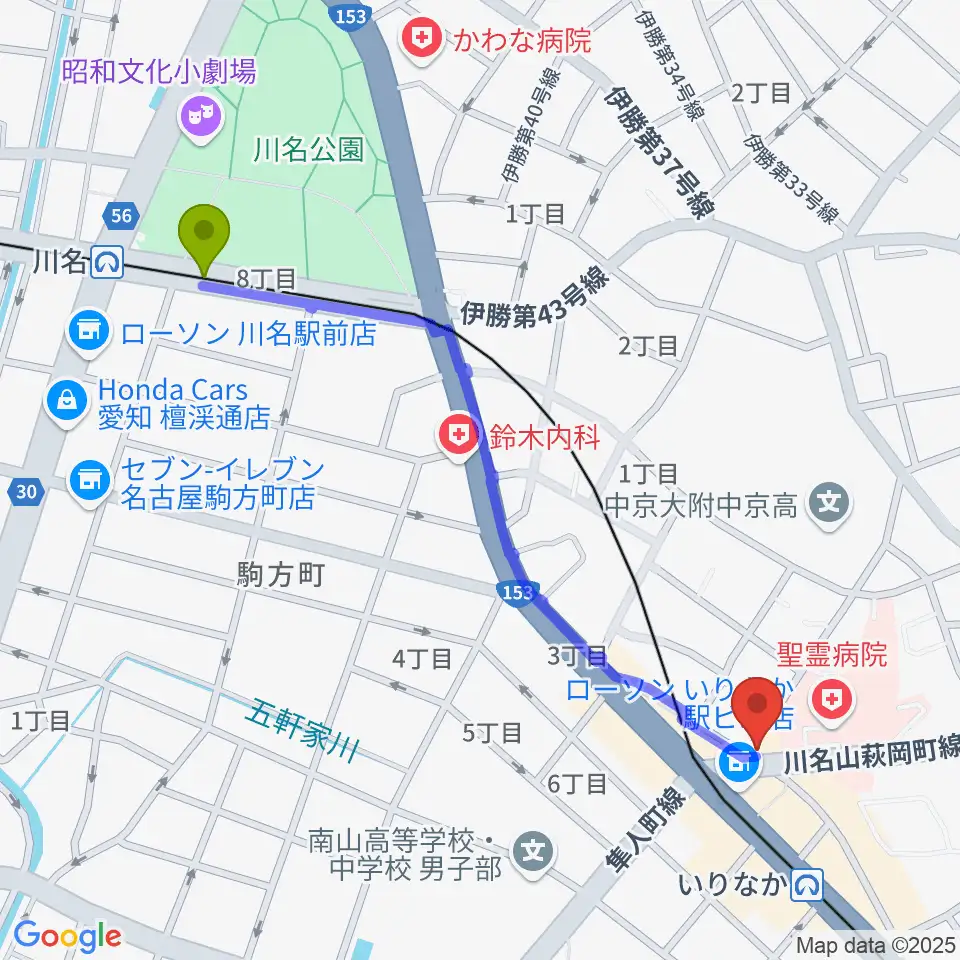 川名駅からみどり楽器・名古屋へのルートマップ地図