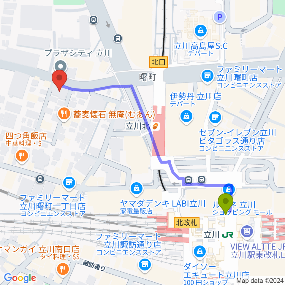 立川駅から宮地楽器ミュージックスクエア立川へのルートマップ地図