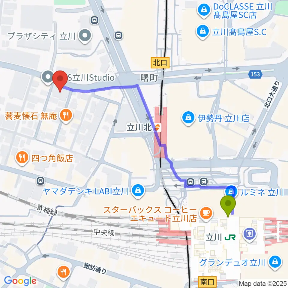 立川駅から宮地楽器ミュージックスクエア立川へのルートマップ地図