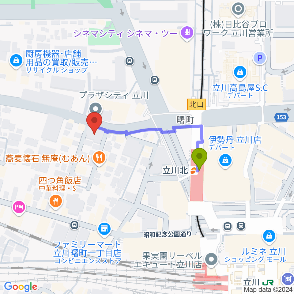 宮地楽器ミュージックスクエア立川の最寄駅立川北駅からの徒歩ルート（約3分）地図