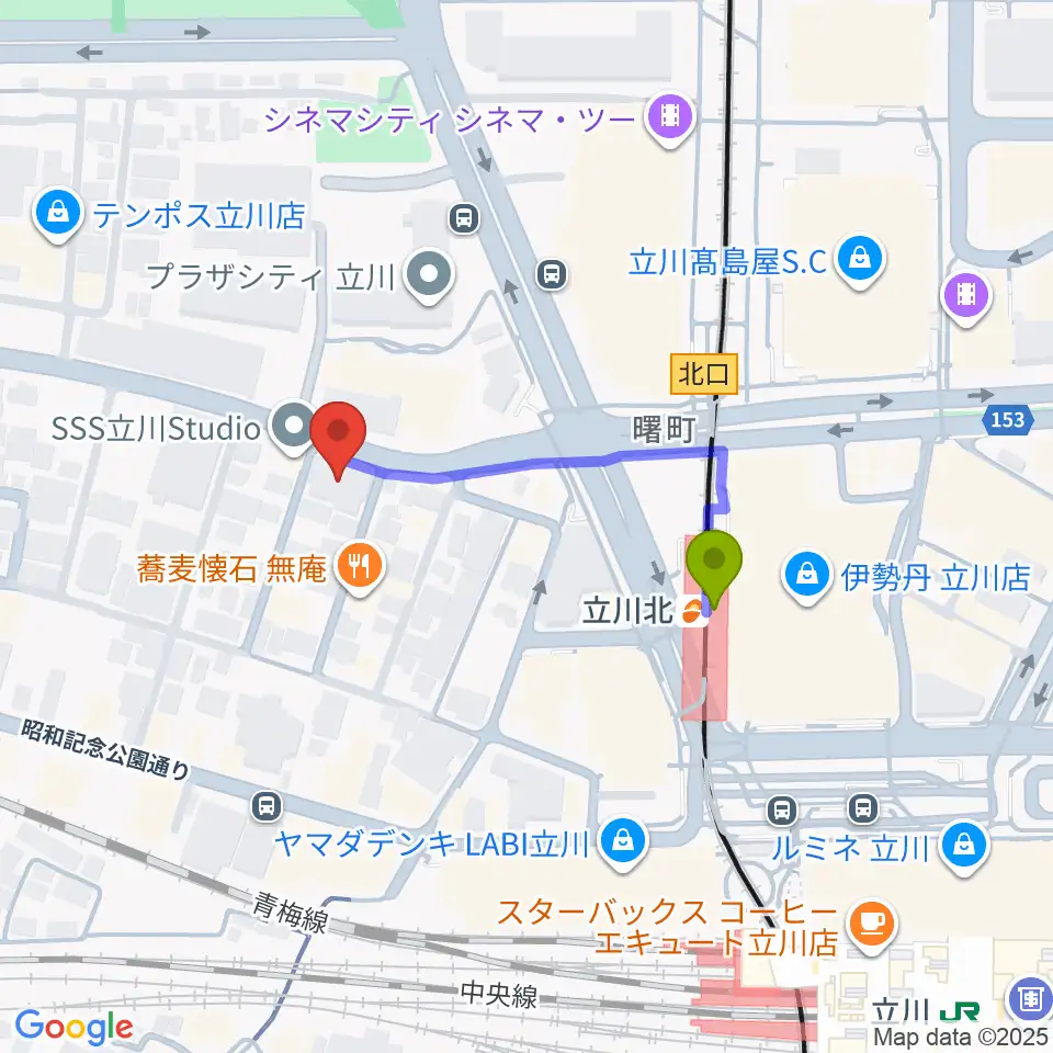 宮地楽器ミュージックスクエア立川の最寄駅立川北駅からの徒歩ルート（約3分）地図