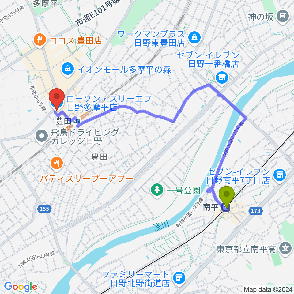 南平駅から宮地楽器 豊田センターへのルートマップ地図