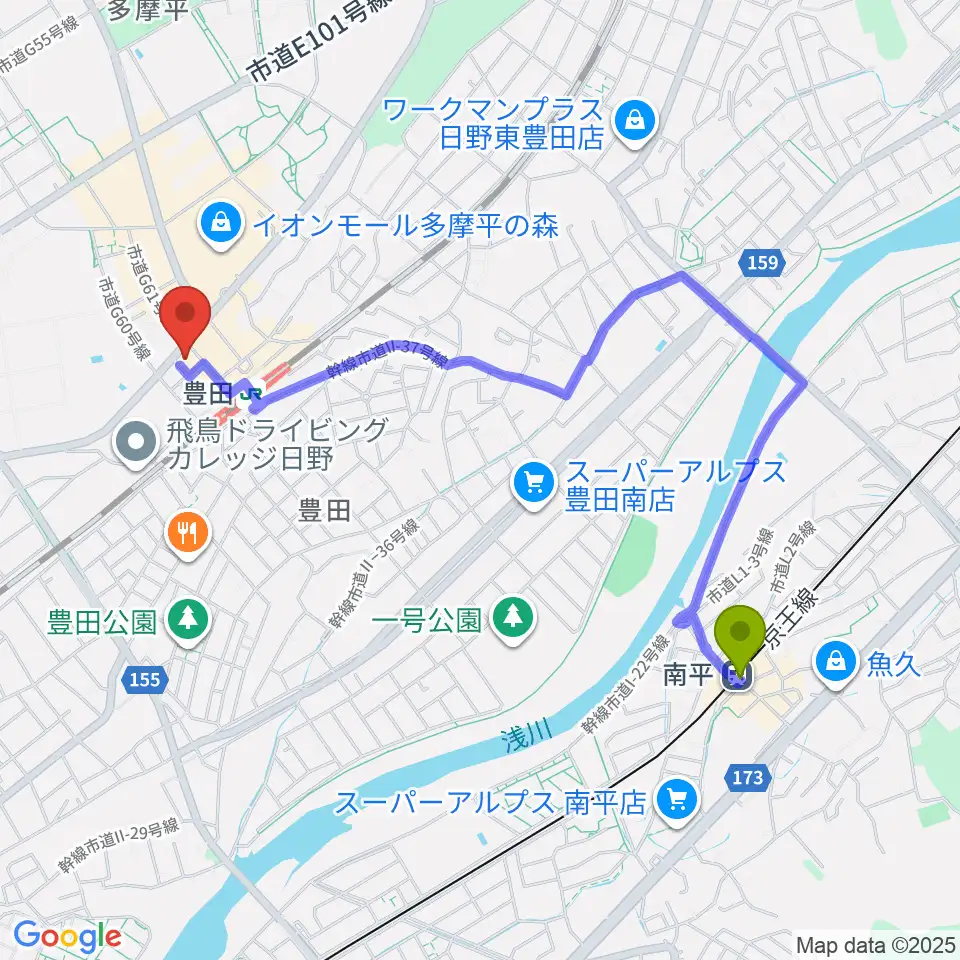 南平駅から宮地楽器 豊田センターへのルートマップ地図